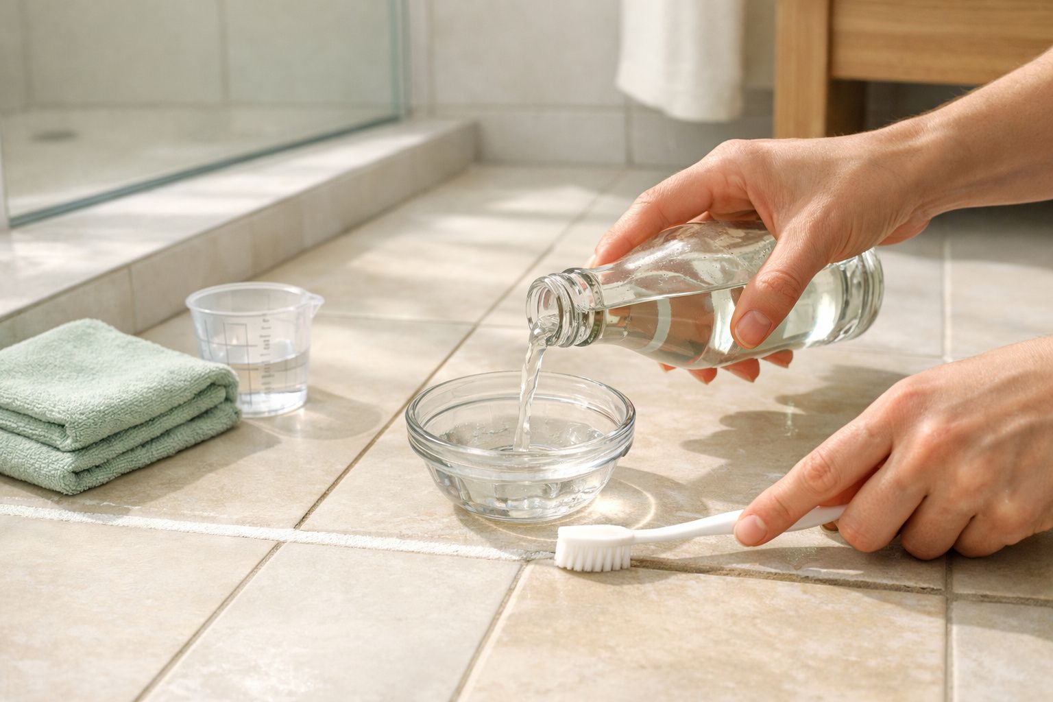 Mãos a verter líquido de uma garrafa para um recipiente de vidro, com escova de dentes e toalha verde na superfície.