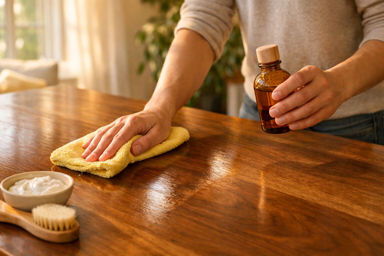 Pessoa a limpar mesa de madeira com pano amarelo e frasco de óleo em ambiente iluminado.