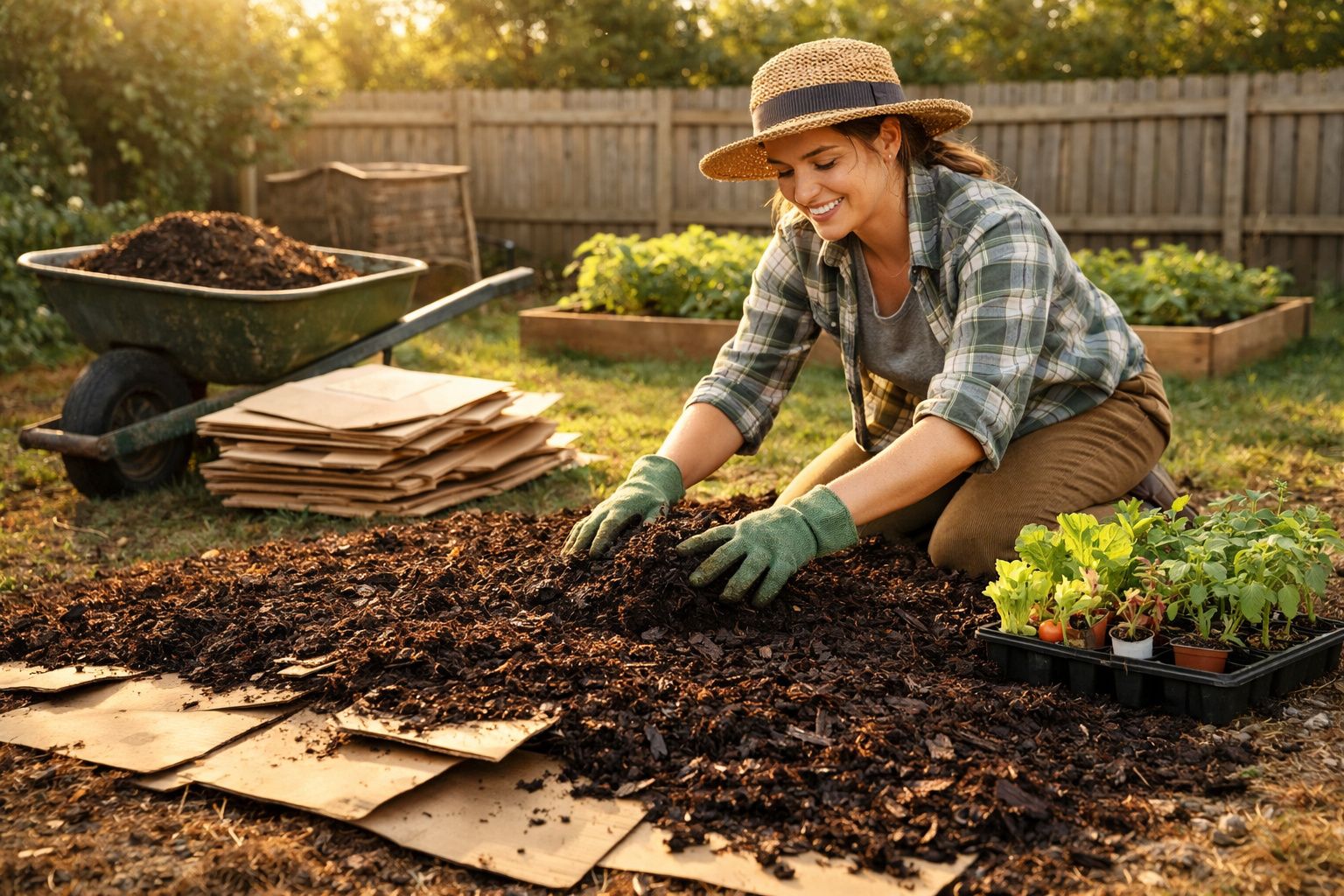 Mulher sorridente a fazer compostagem no jardim, com luvas e chapéu de palha num dia ensolarado.