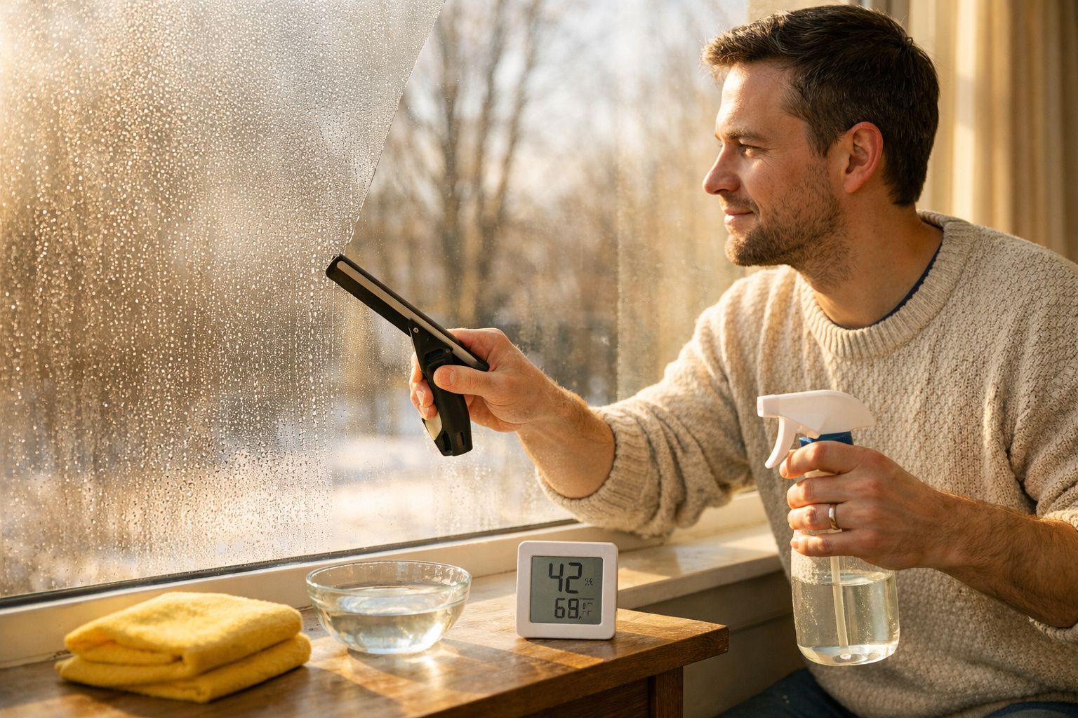 Homem limpa janela com limpa-vidros e spray num ambiente iluminado pelo sol.