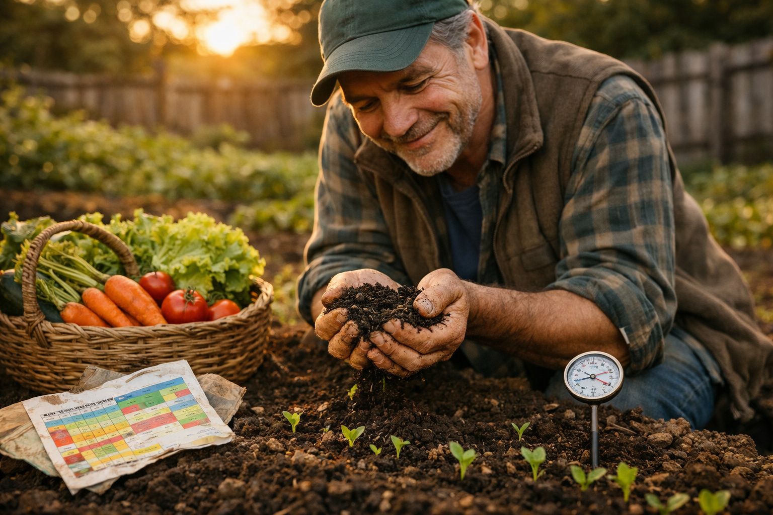 Homem sorridente a segurar terra fértil numa horta com legumes e um termómetro de solo ao pôr do sol.