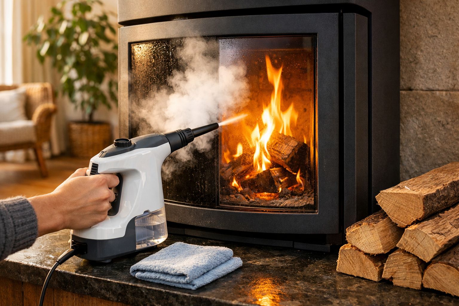 Pessoa a limpar porta de vidro de lareira com vaporizador, ao lado de lenha empilhada e pano azul.