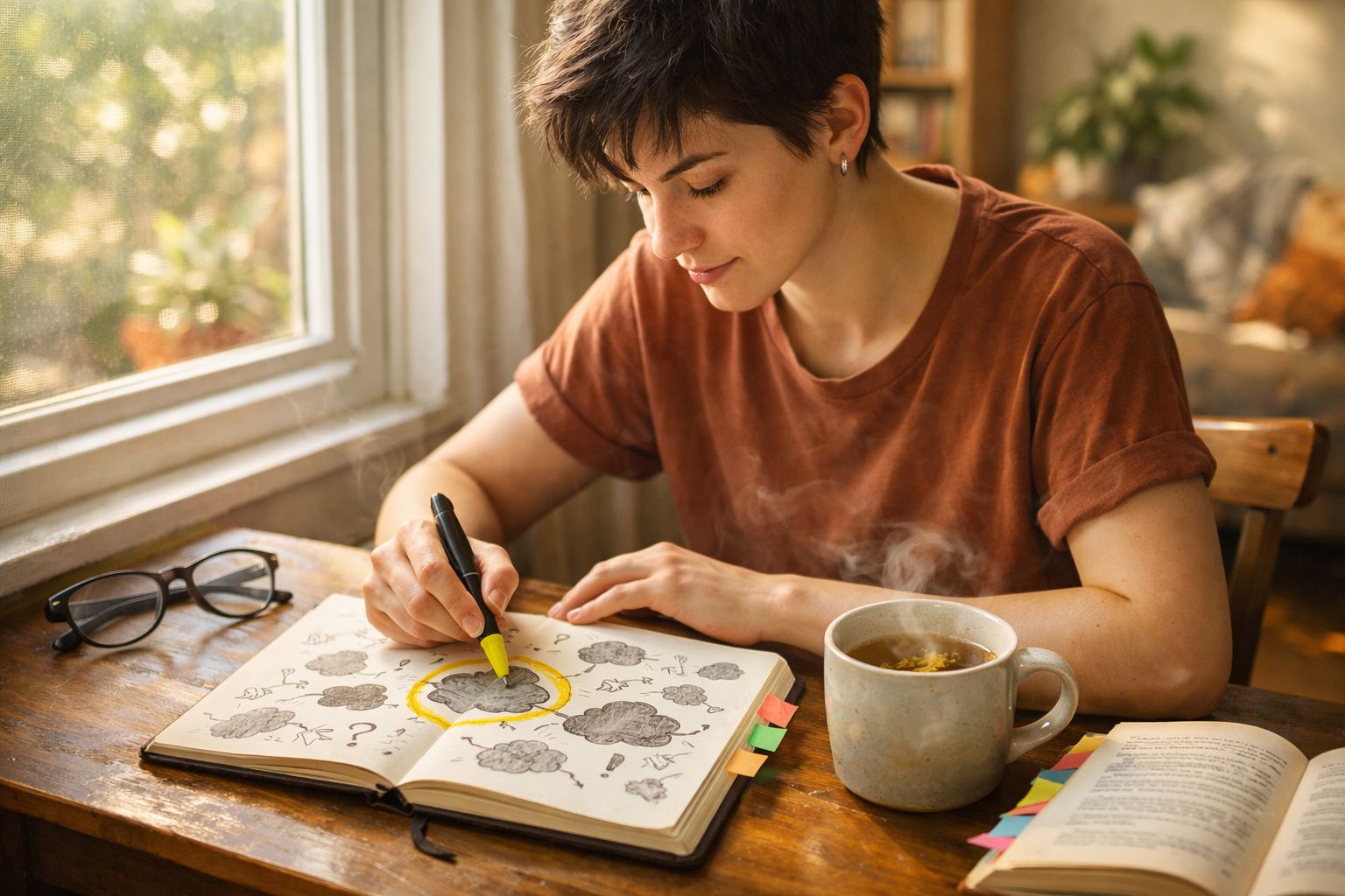 Pessoa a fazer anotações com marcador amarelo num caderno aberto, ao lado de uma chávena de chá fumegante e óculos.