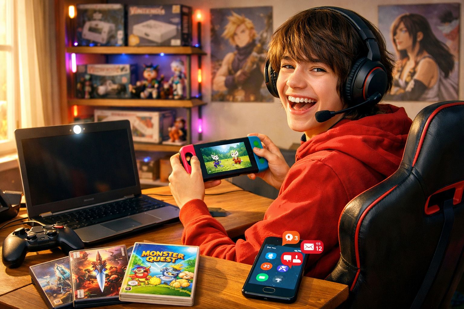 Jovem com headset sorri a jogar numa consola portátil numa secretária com computador, comando e jogos.