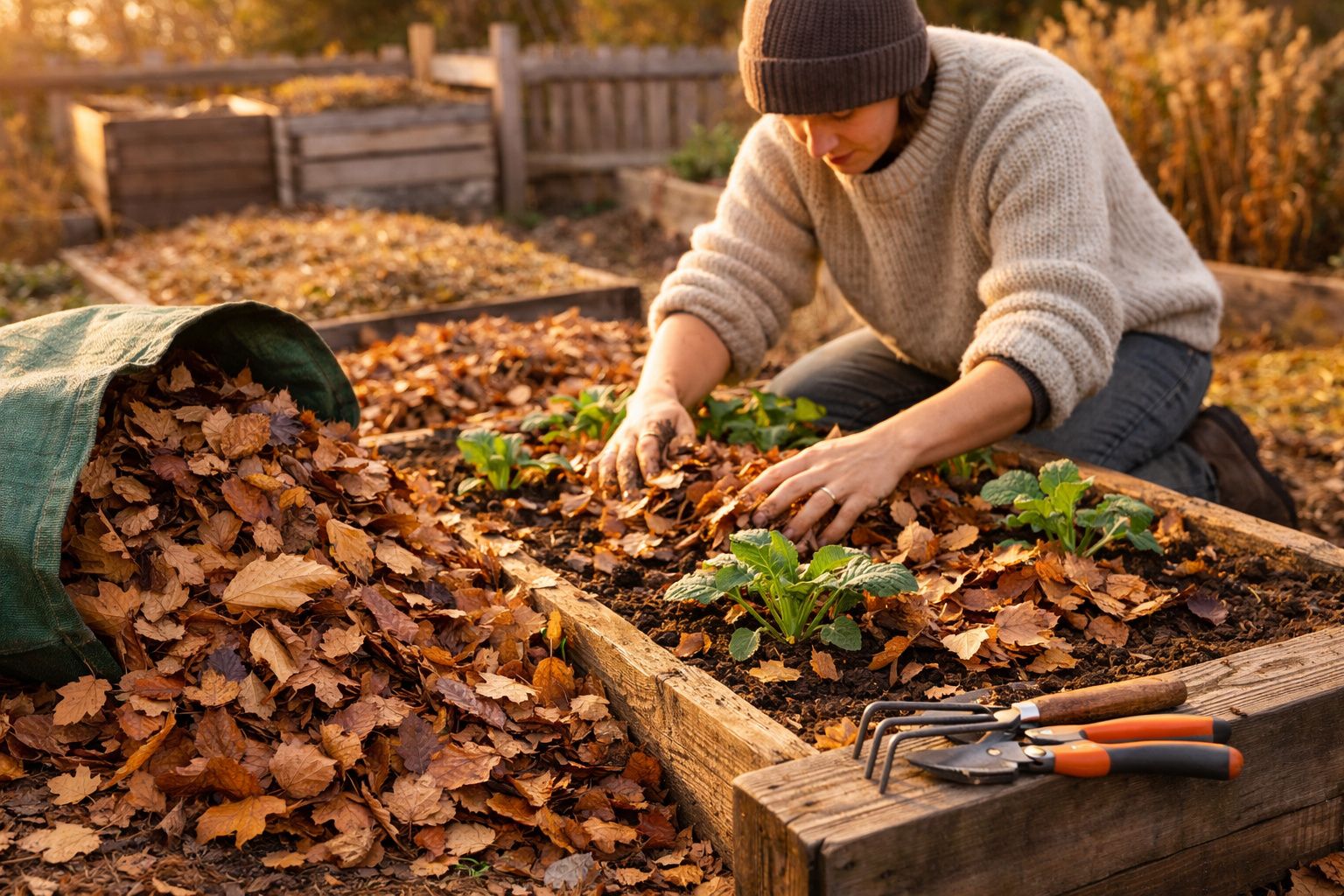 Pessoa a preparar um canteiro com folhas secas para proteger plantas em jardim durante o outono.