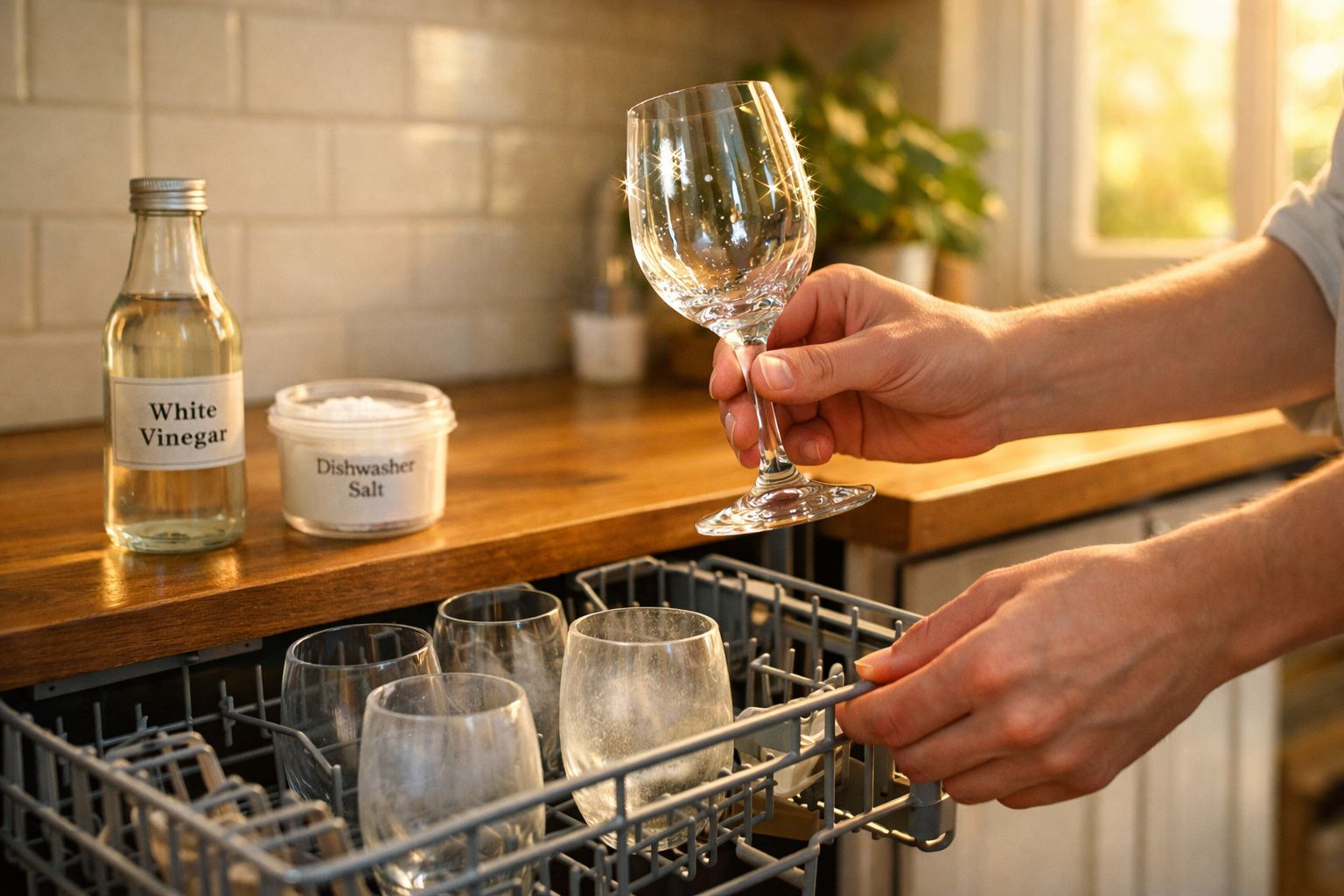 Pessoa a retirar copo de vidro limpo da máquina de lavar louça numa cozinha iluminada pelo sol.