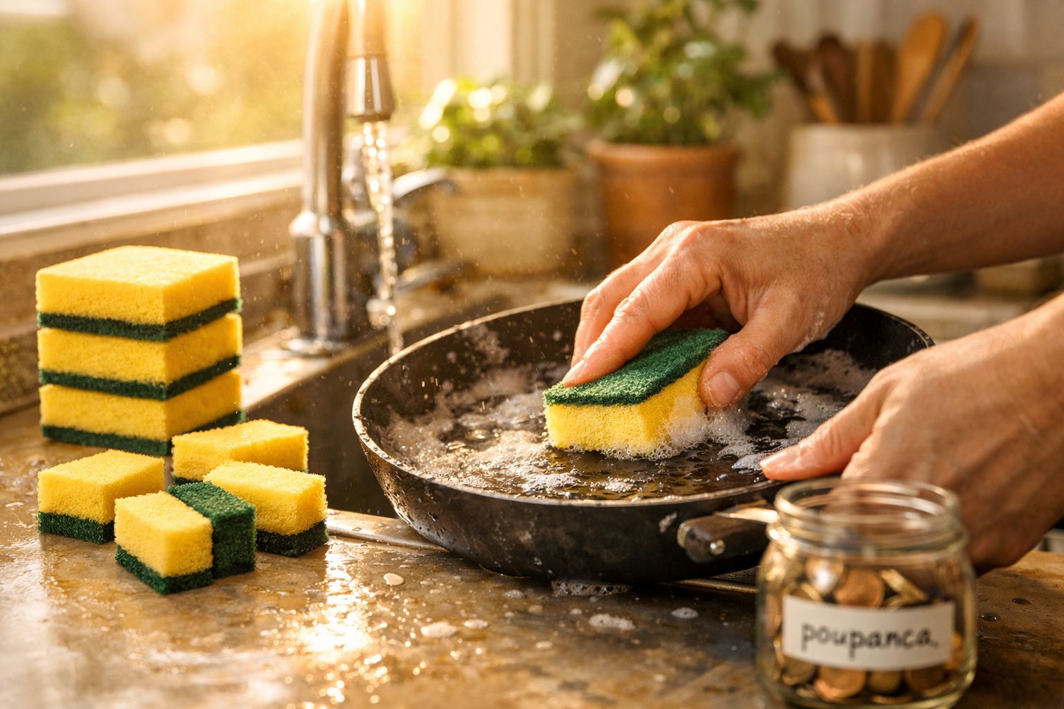 Mãos a lavar uma frigideira com uma esponja amarela e verde junto a várias esponjas numa pia iluminada.