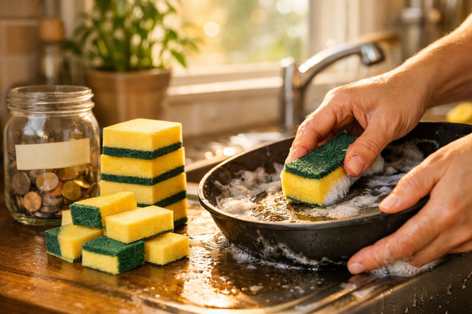 Mãos a lavar uma frigideira com uma esponja amarela e verde numa cozinha com jarra de moedas ao lado.