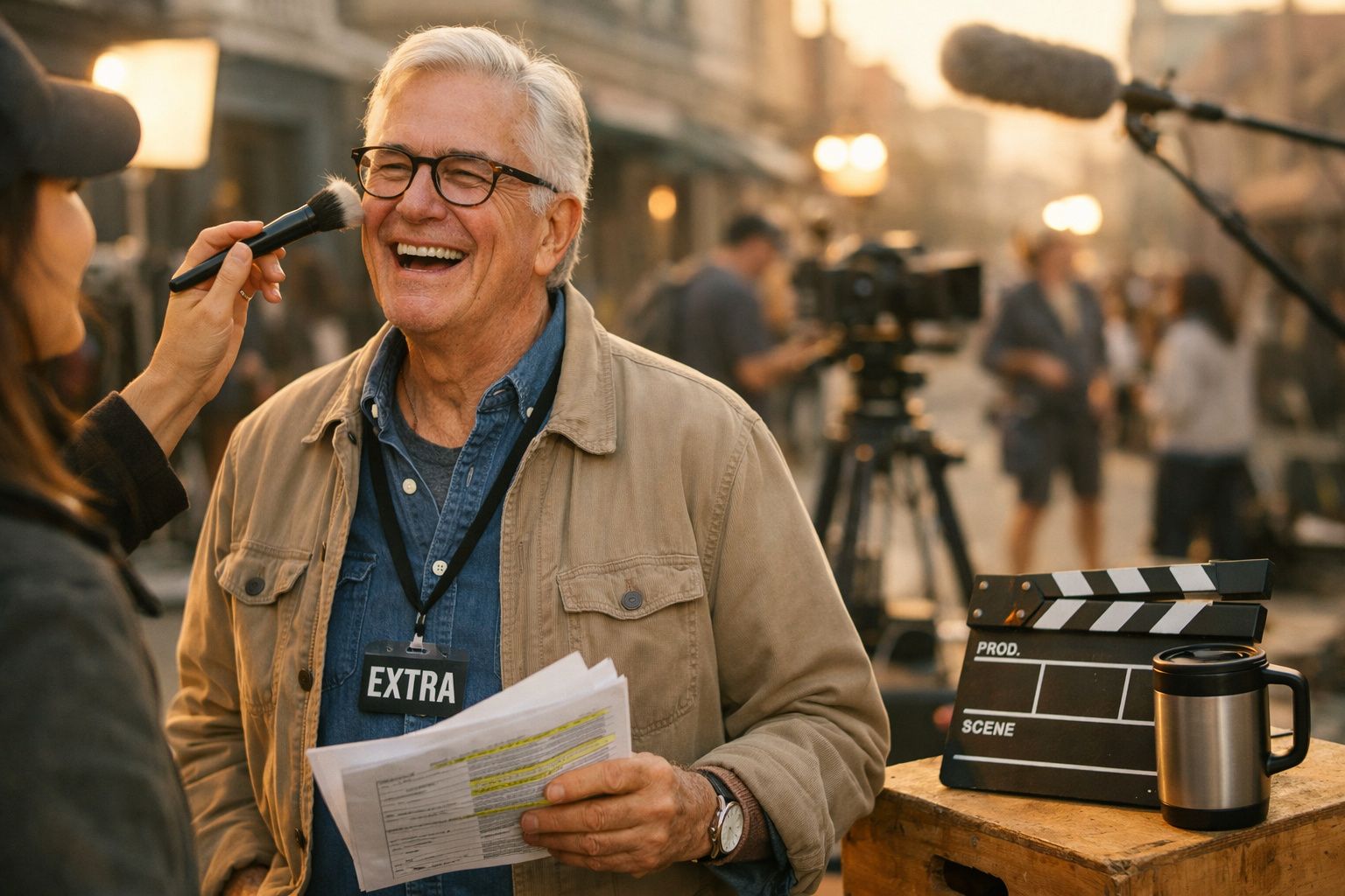 Homem sénior sorridente recebe retoques de maquilhagem num set de filmagem ao ar livre.
