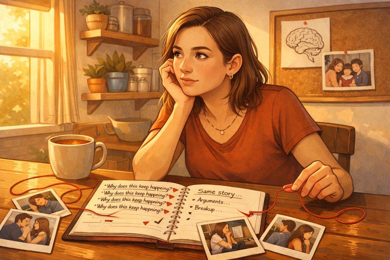 Mulher pensativa com fio vermelho na mão observa caderno com frases sobre discussões e fotos numa mesa iluminada.