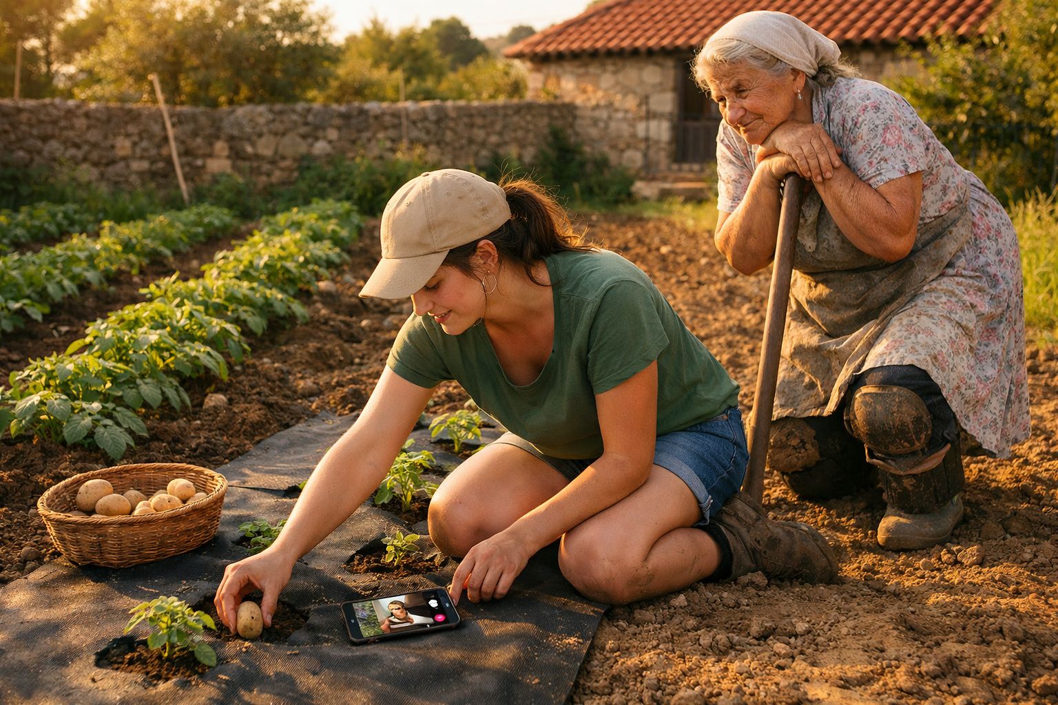 Jovem colhe batatas enquanto idosa observa, ambas no campo, com cesta de batatas ao lado.