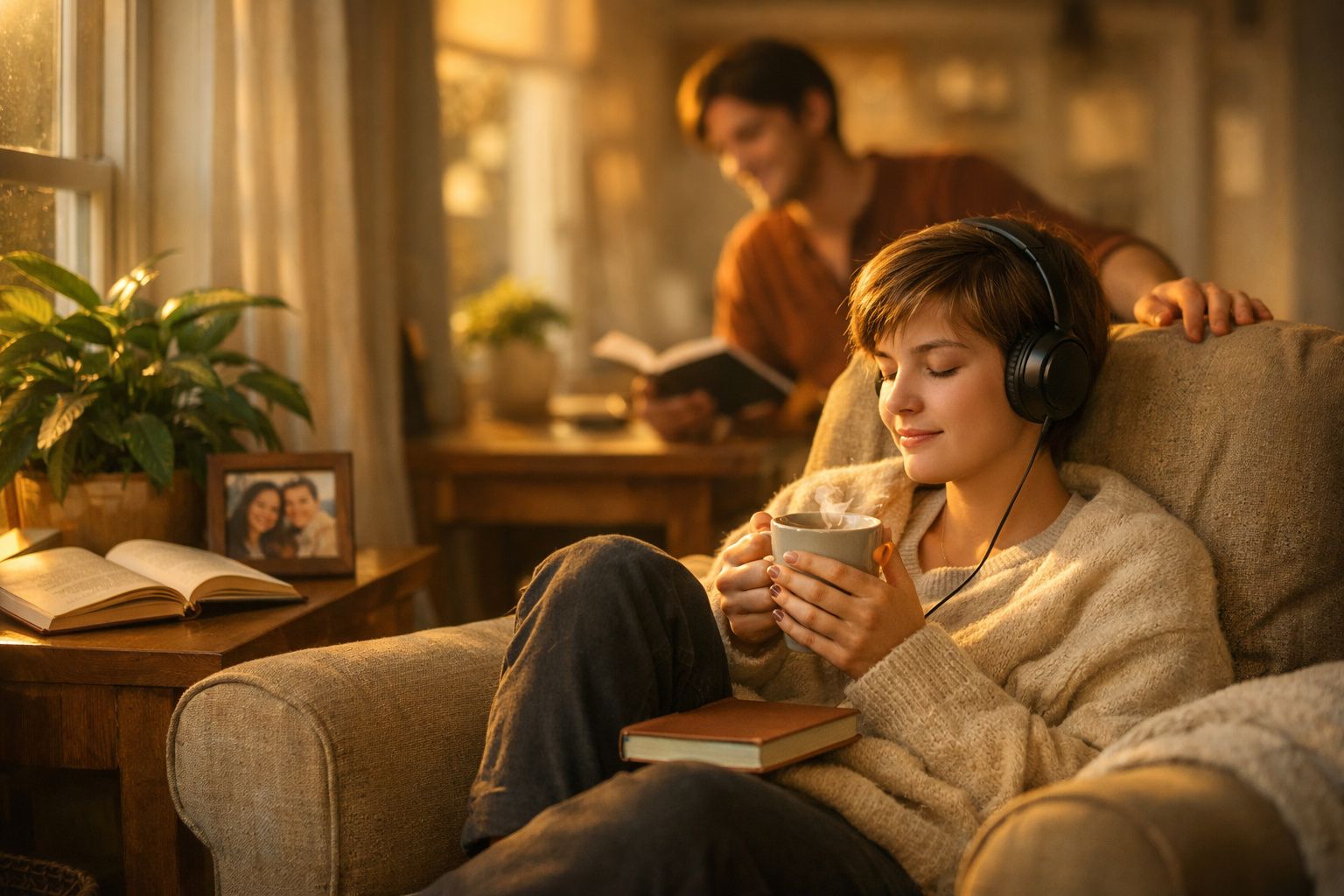 Pessoa de olhos fechados a ouvir música e a beber chá num ambiente acolhedor com outra a ler ao fundo.