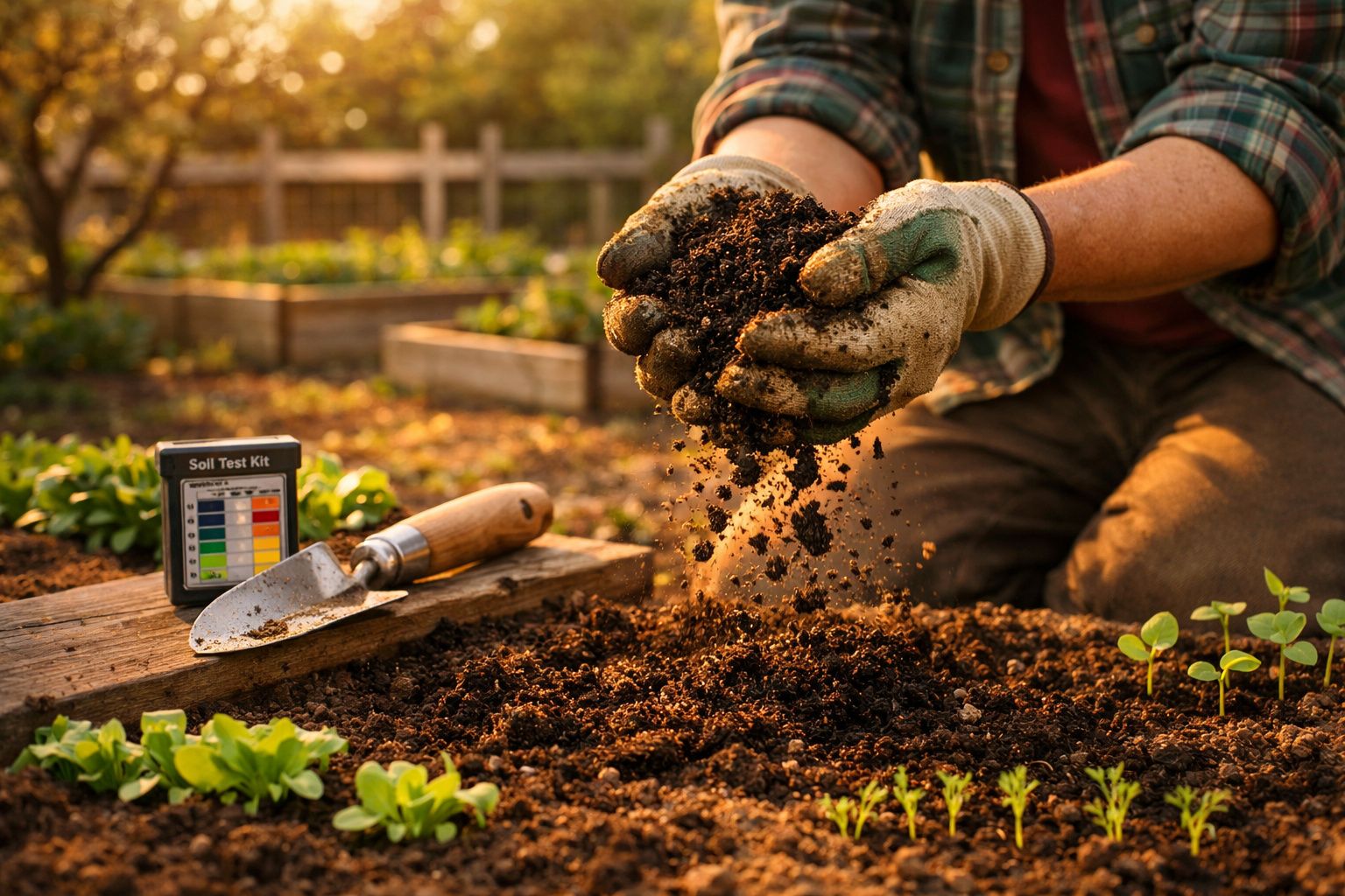 Mãos com luvas seguram terra fértil num jardim, com kit de teste de solo e ferramentas ao lado.