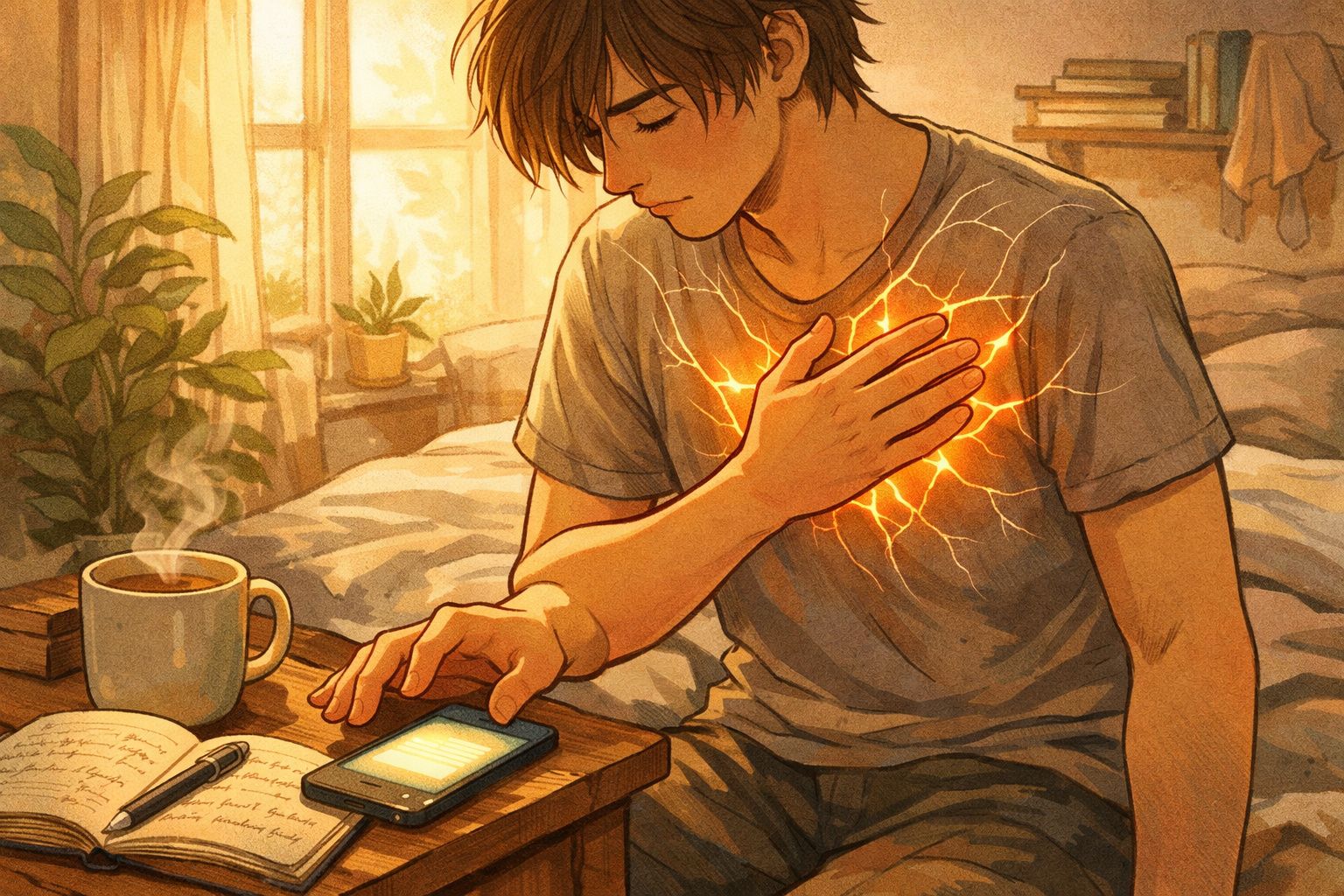 Pessoa jovem sentada na cama com a mão no peito iluminado e a outra no telemóvel numa manhã calma.