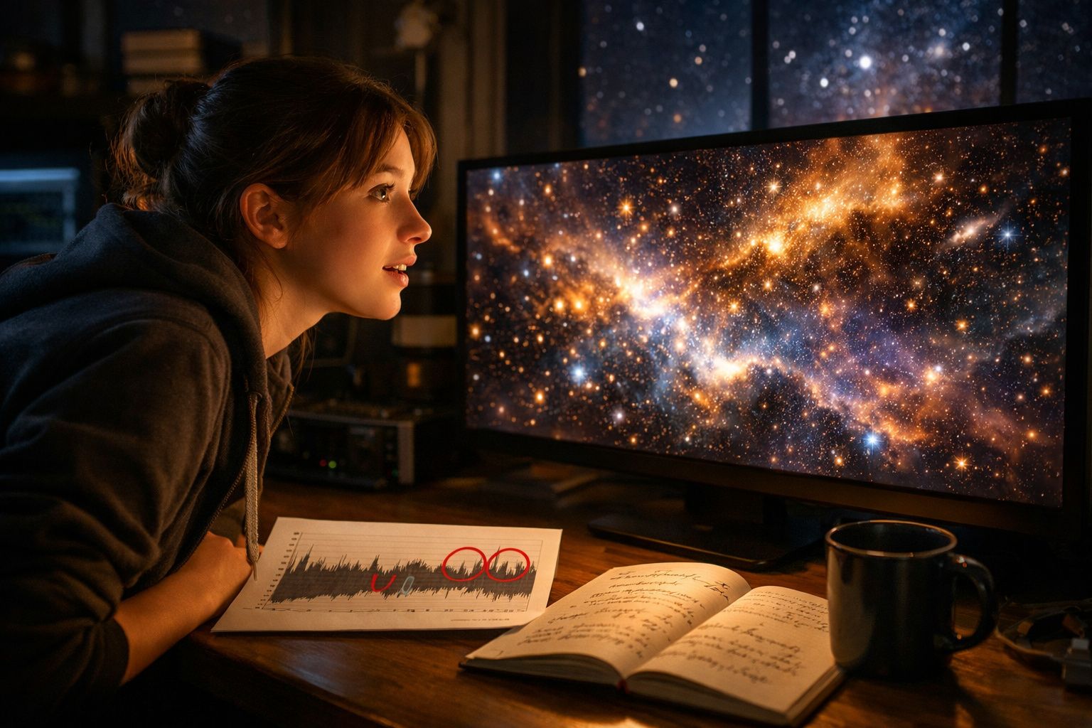 Mulher observa no monitor uma imagem colorida de galáxia enquanto estuda gráficos e cadernos numa mesa.