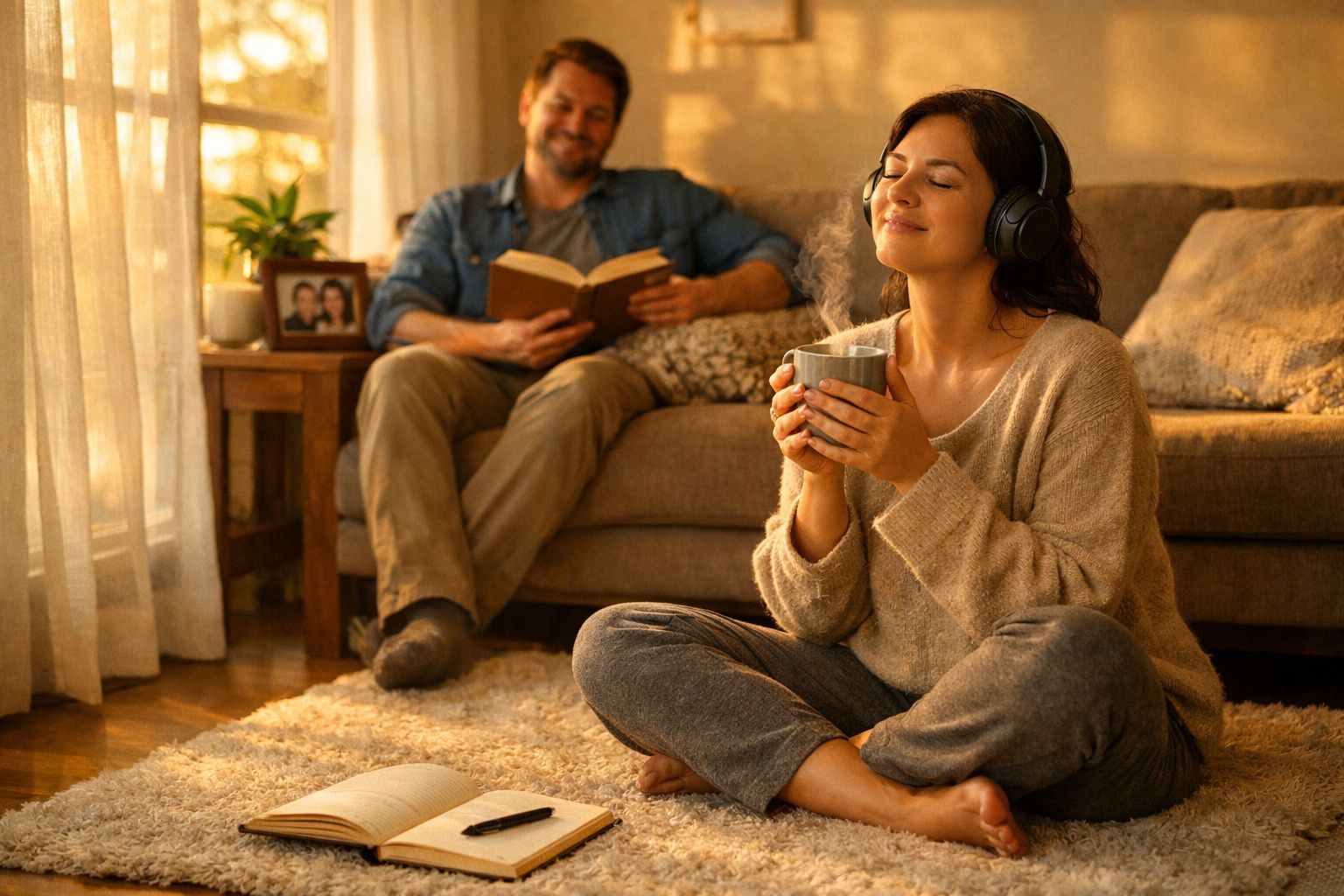 Mulher sentada no chão a ouvir música com auscultadores e a segurar caneca, homem no sofá a ler um livro.