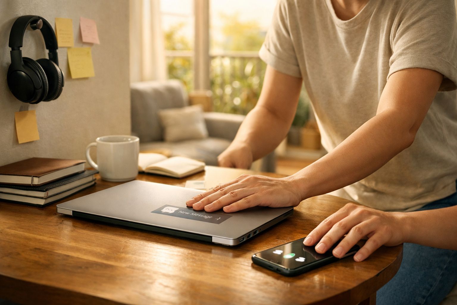 Mesa de madeira com computador portátil e telemóvel, duas pessoas interagem no espaço de trabalho luminoso.