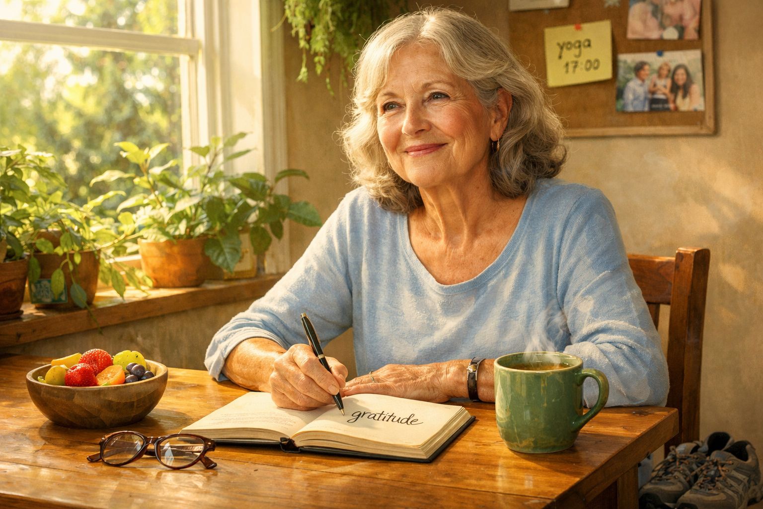 Mulher idosa sentada a escrever "gratidão" num caderno, com chá e fruta numa cozinha iluminada pelo sol.
