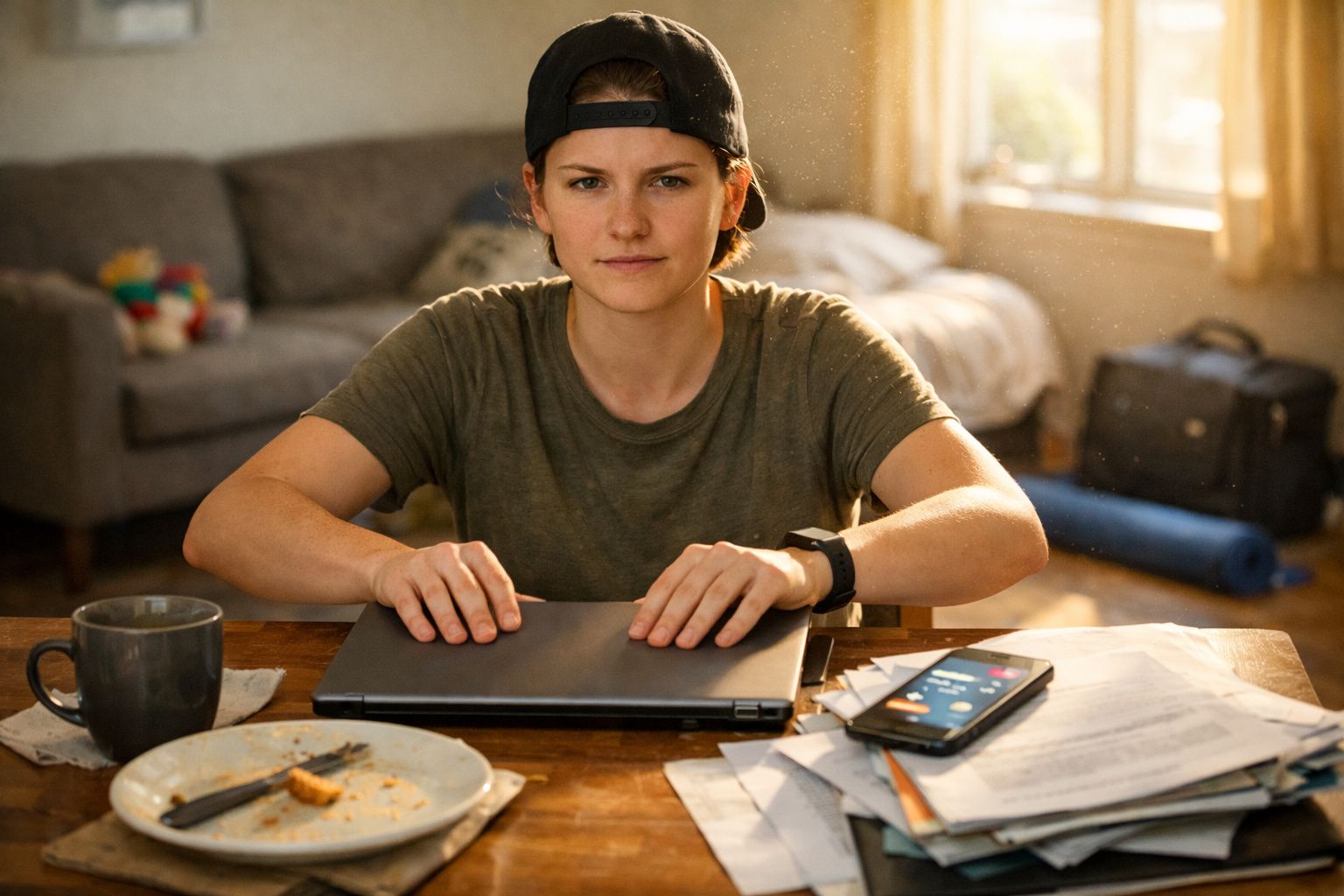 Pessoa jovem com boné para trás fecha portátil numa mesa com objetos diversos em ambiente doméstico iluminado.