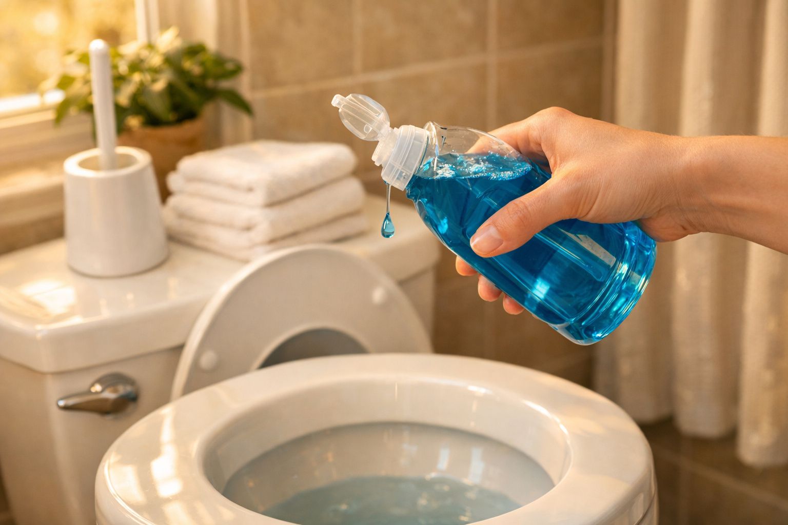 Mão a verter líquido azul para dentro de sanita branca numa casa de banho limpa e organizada.