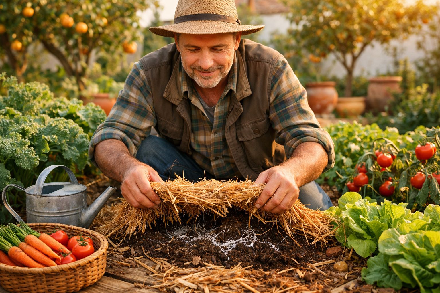 Homem com chapéu a cuidar do solo num jardim com hortícolas e regador ao lado.