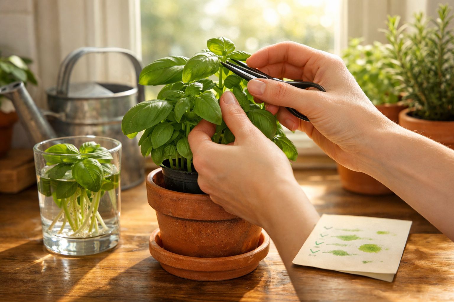 Mãos a colher folhas de manjericão com tesoura numa planta em vaso, ao lado um copo com água e planta.