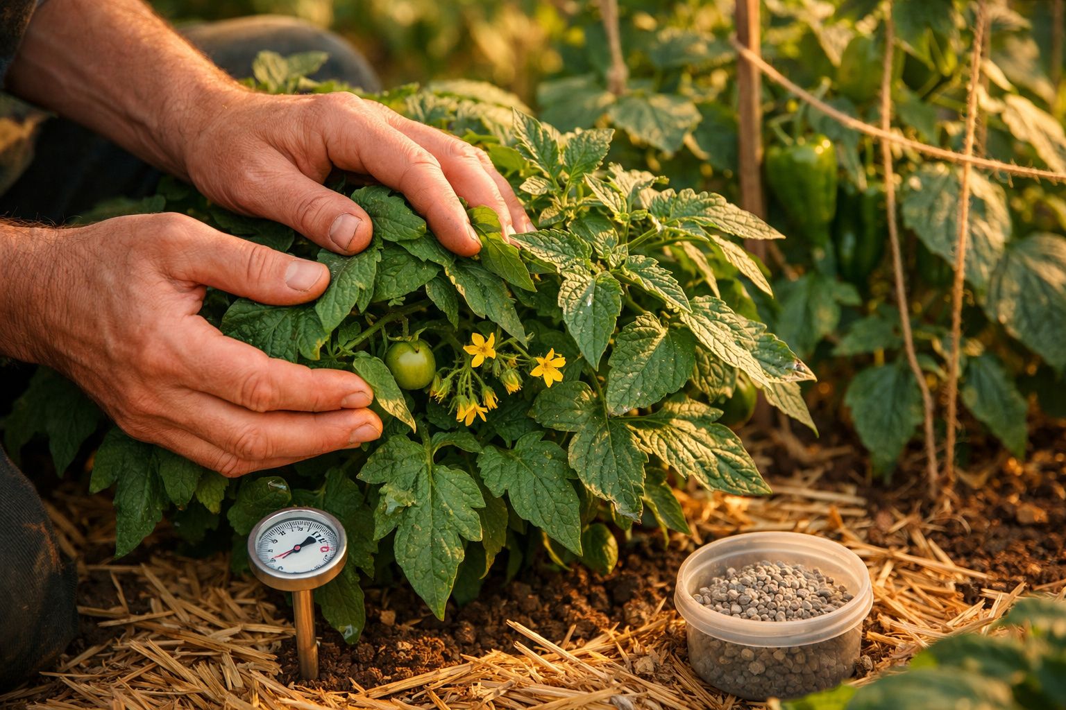 Mãos a proteger planta de tomate com frutos verdes, flor amarela, terra e termómetro no solo.