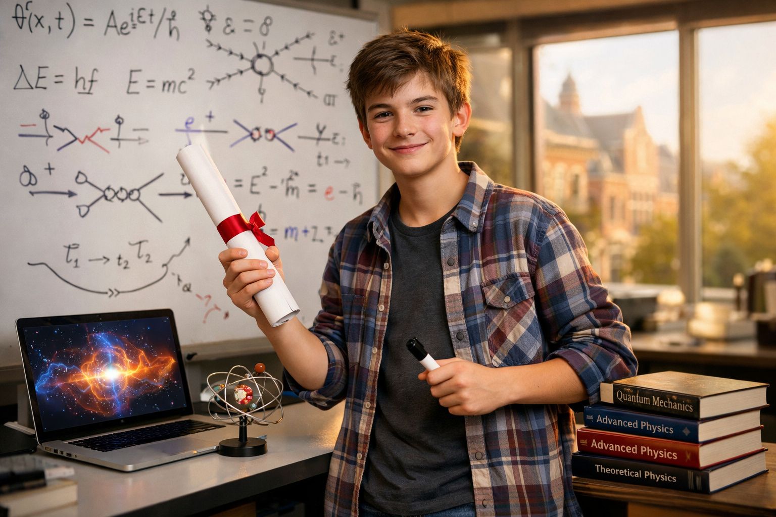 Jovem segurando diploma na mão, rodeado por livros e fórmulas científicas numa sala de estudo.