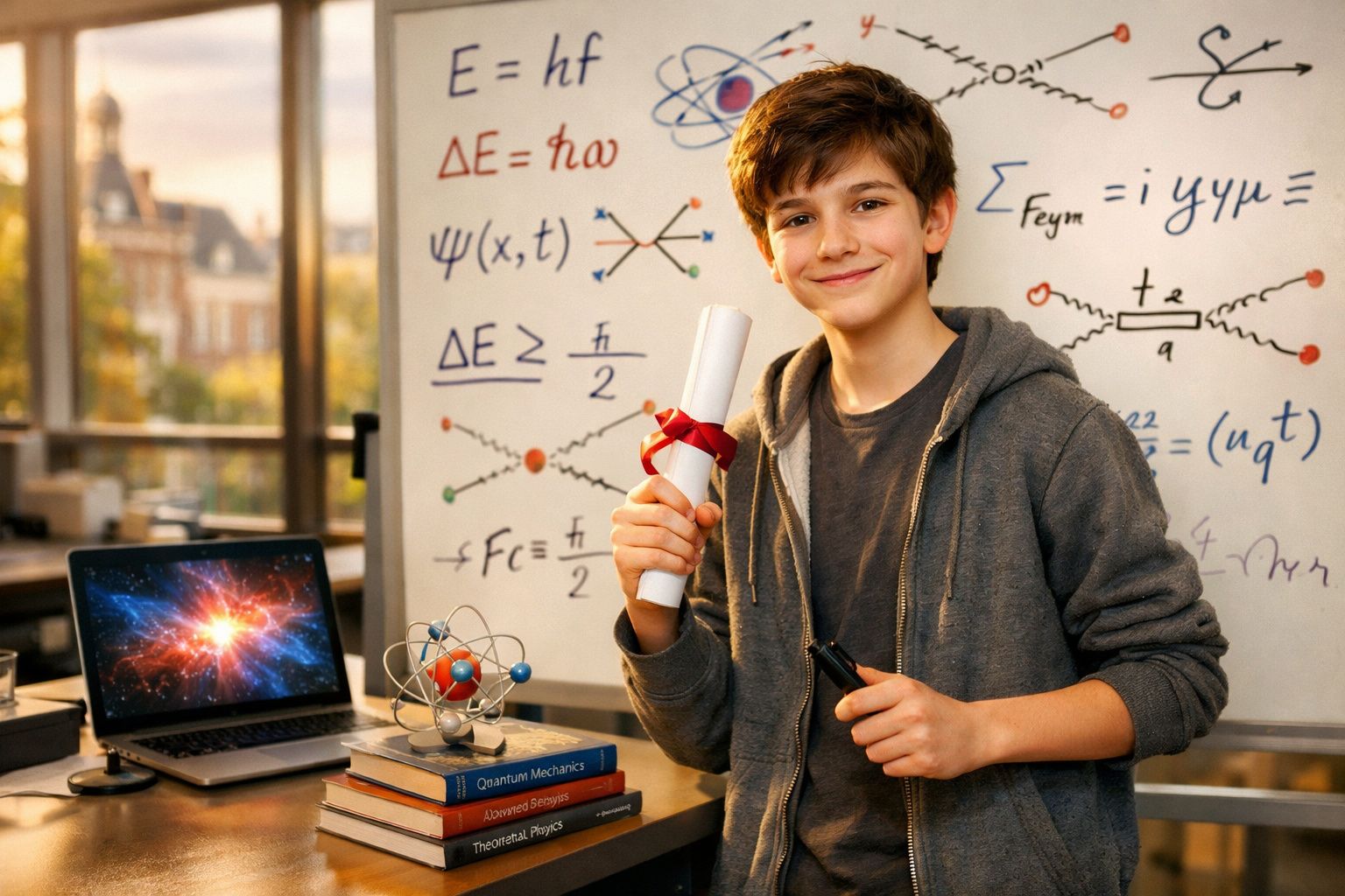 Jovem segurando diploma em sala com quadro de física e laptop mostrando imagem do universo.