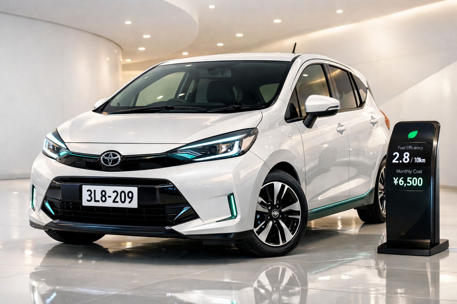 Carro Toyota branco estacionado num espaço interior moderno com painel digital ao lado mostrando eficiência e custo mensal.