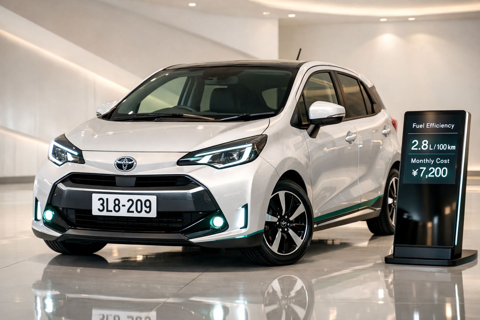 Carro Toyota branco exposto em interior moderno, com sinal a indicar consumo de 2,8 L/100 km e custo mensal ¥7.200.