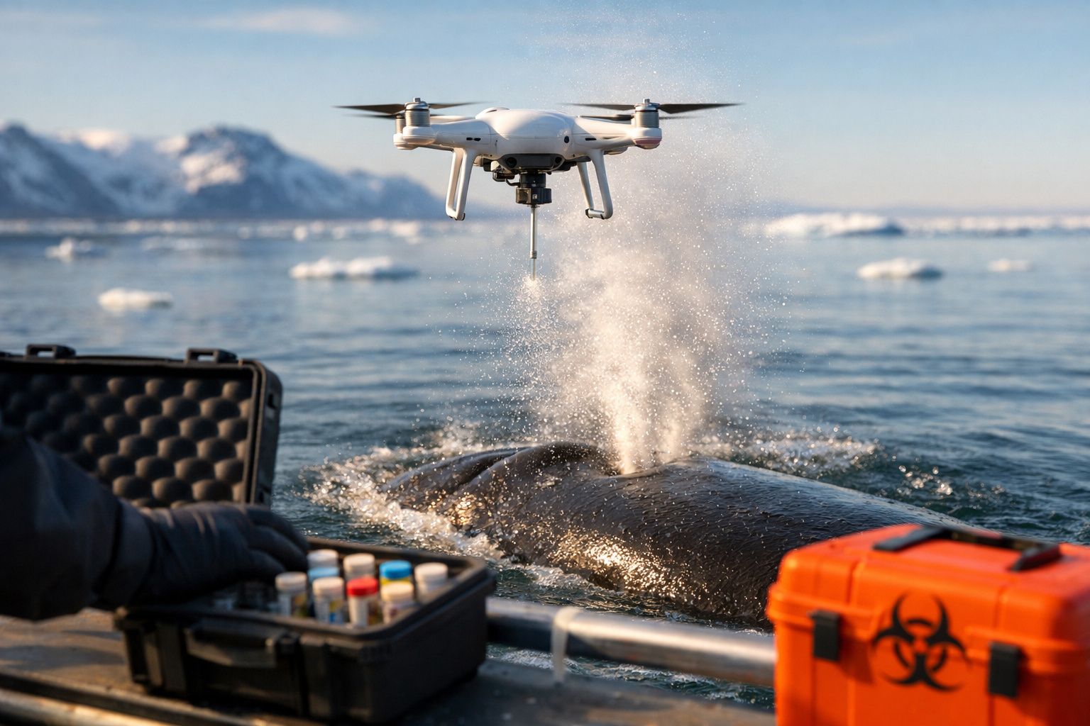 Drone a sobrevoar uma baleia a jato de água no oceano, com montanhas e equipamentos científicos visíveis.
