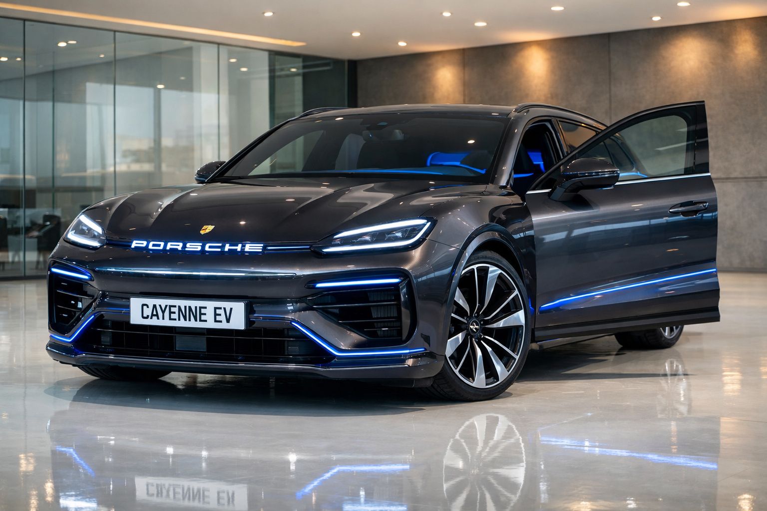 Carro elétrico Porsche Cayenne EV cinza, com portas abertas, luzes LED azuis e interior iluminado.
