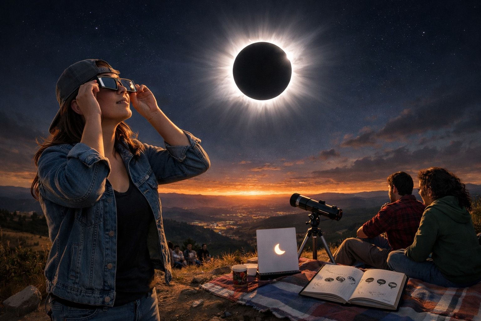 Pessoa a observar eclipse solar com óculos especiais, grupo sentado ao ar livre com telescópio ao pôr do sol.