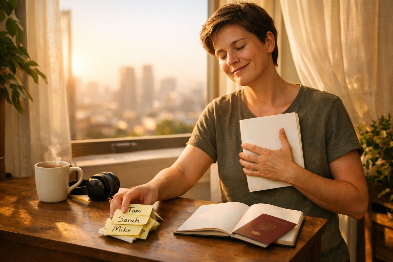 Pessoa sentada em mesa com livros e post-its, sorrindo e segurando a mão no peito em ambiente iluminado.