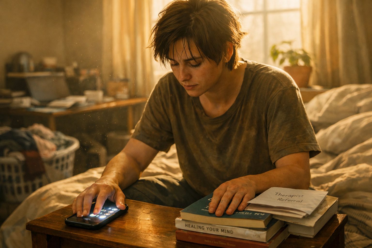 Jovem sentado na cama numa sala desarrumada, a olhar para um telemóvel sobre uma mesa com livros e papéis.