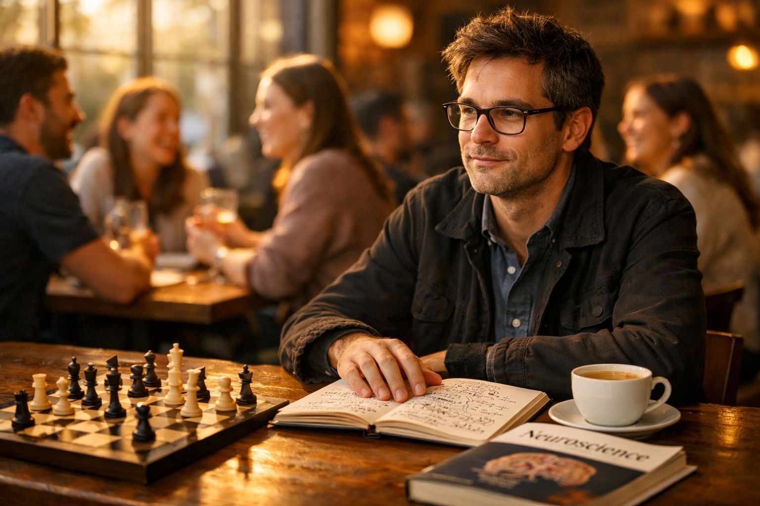 Homem com óculos sentado num café, a ler um livro e com um tabuleiro de xadrez à sua frente.