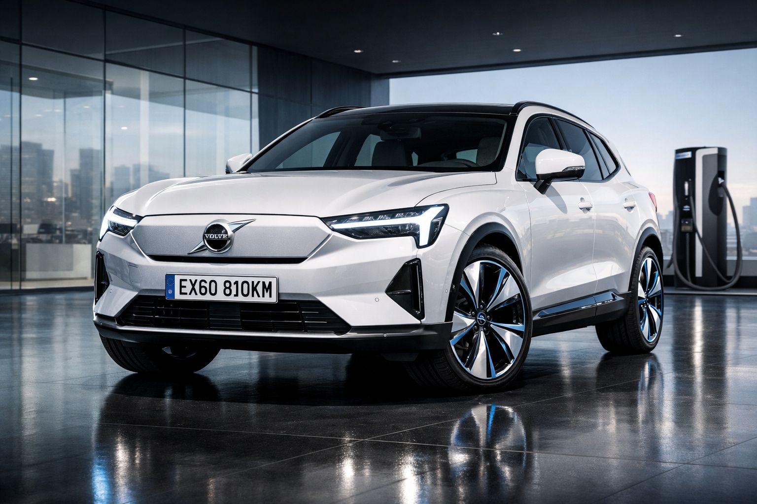Carro elétrico Volvo branco estacionado junto a posto de carregamento, em ambiente moderno e reflexivo.