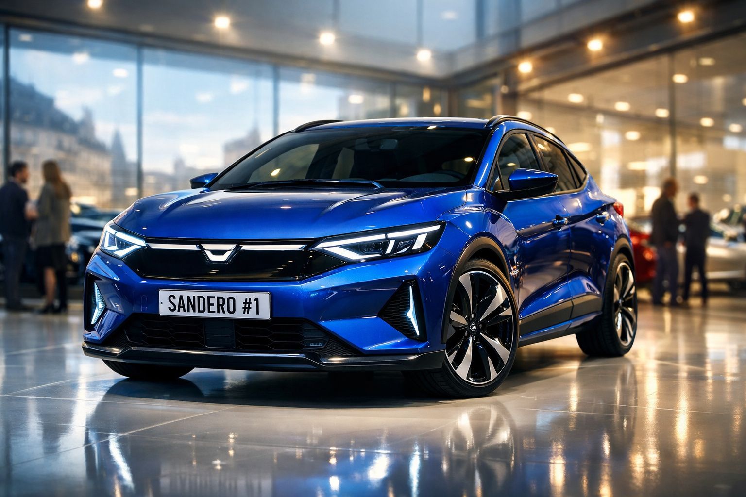 Carro azul Dacia Sandero #1 em exposição numa sala moderna com iluminação quente.