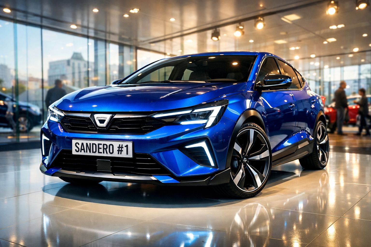 Carro Dacia Sandero azul brilhante em exposição numa sala com piso refletor e pessoas ao fundo.