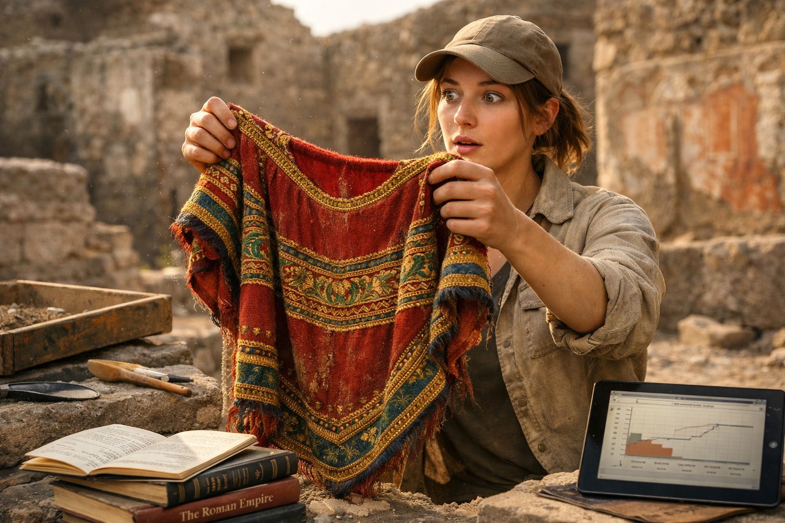 Mulher arqueóloga numa escavação segurando tecido antigo vermelho com padrões coloridos.