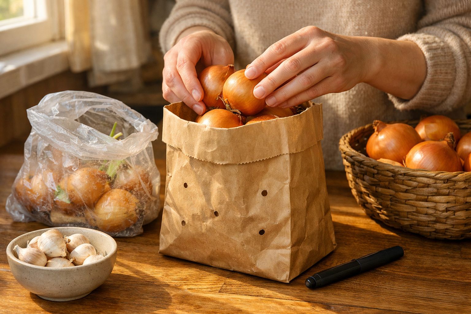 Mãos a colocar cebolas num saco de papel numa mesa com alhos e mais cebolas à volta.