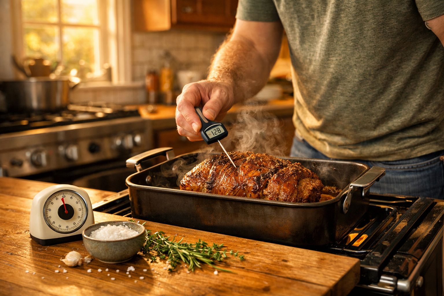 Pessoa a medir a temperatura de um assado num tabuleiro no fogão de cozinha rústica.