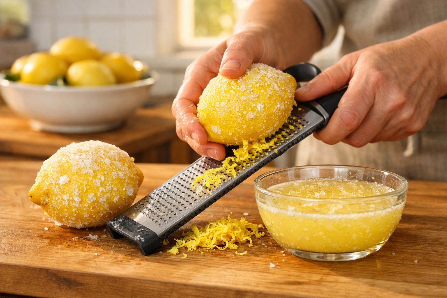 Pessoa a ralar casca de limão sobre tigela com limão e açúcar numa mesa de madeira.
