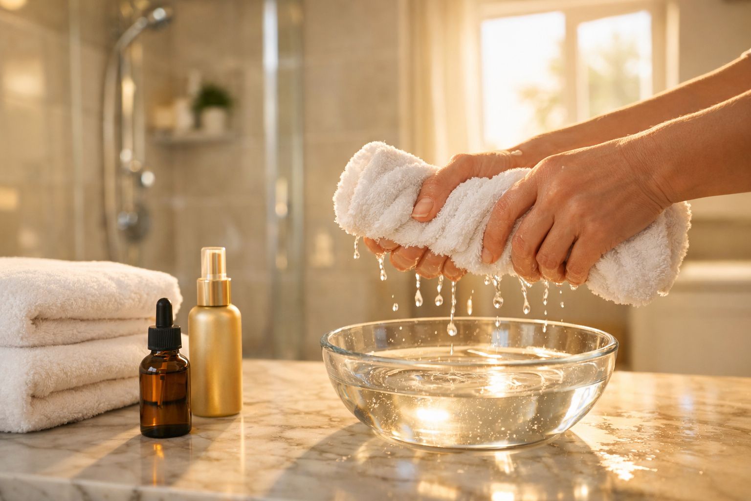 Mãos a torcer uma toalha branca molhada sobre uma tigela de vidro com água num ambiente de casa de banho.
