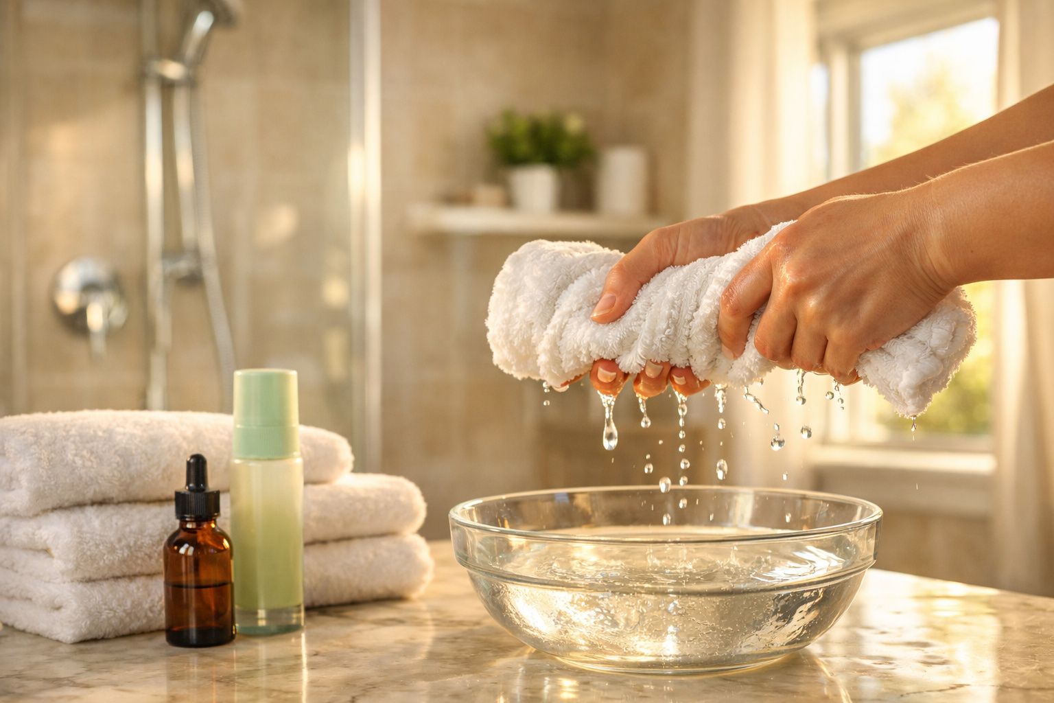Mãos torcendo uma toalha branca molhada sobre uma bacia de vidro num ambiente de casa de banho iluminado.