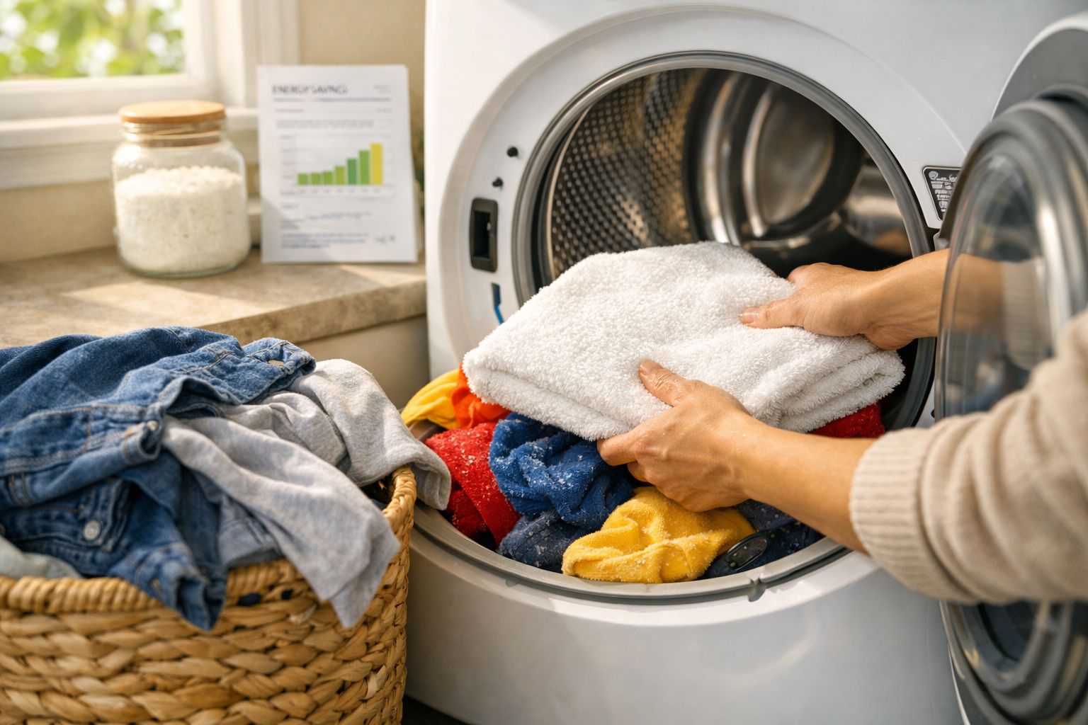 Pessoa a tirar roupa da máquina de lavar roupa, com cesto de roupa suja ao lado numa lavandaria.