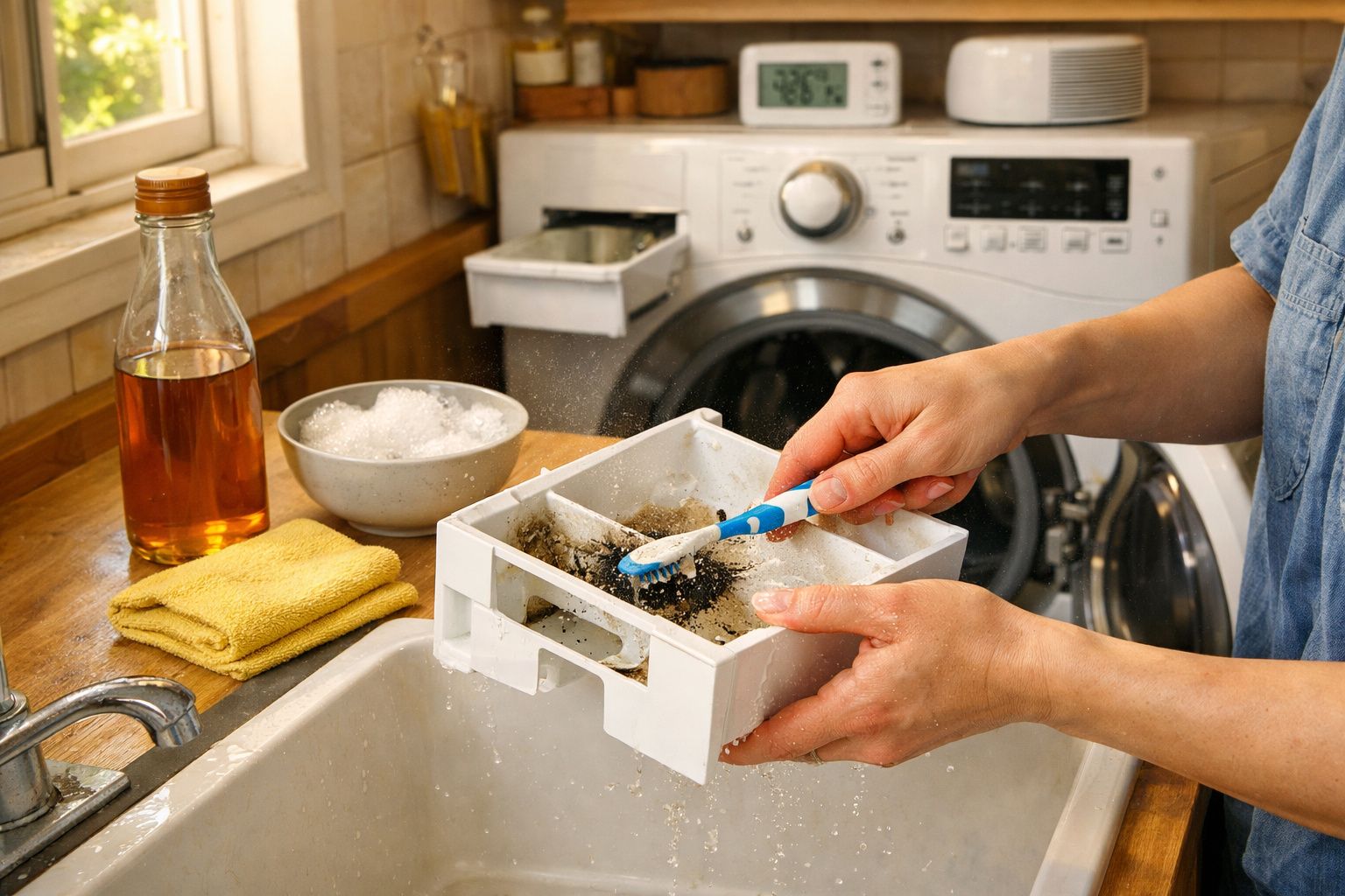 Pessoa a limpar filtro sujo de máquina de lavar roupas com escova ao lado de pia e garrafa de detergente.