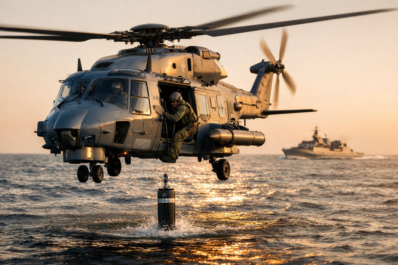 Helicóptero militar em voo baixo sobre o mar, com soldado suspenso e navio de guerra ao fundo ao pôr do sol.