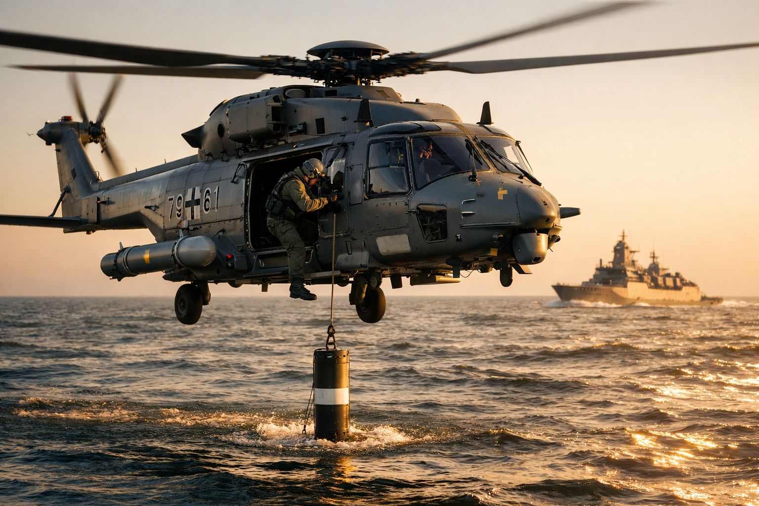 Helicóptero militar a resgatar equipamento no mar ao pôr do sol, com navio de guerra ao fundo.